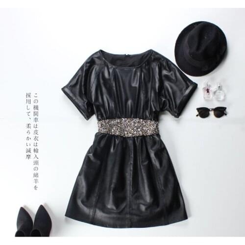 2020 New Style Women Fashion Genuine Leather Dress With Short Sleeve