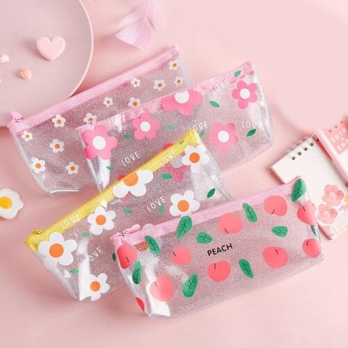 Women Flower Transparent PVC Makeup Bag Kawaii Pencil Case Small School Pencil Box Pencilcase Stationery Bag Cosmetic Brush Bag