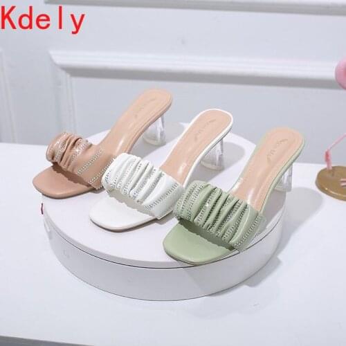 New Fashion Pleated Summer Sandals Women Open Toed High Heels Crystal Heel Slippers Big Size 40 Zapatillas Mujer Casa