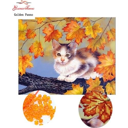 Golden Panno,Needlework,DIY,beads,Cross stitch,Embroidery stitch,Precise Printed painting,animalPattern,cat on the tree
