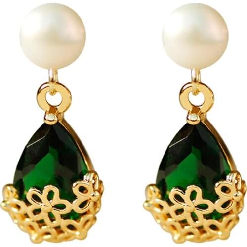 1 Pair Green Zircon Pendant Statement Dangle Drop Earrings Freshwater Pearl Charm Bridal Jewelry Gift For Women Orecchini Aretes