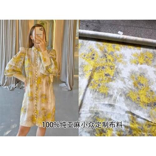 21 New Product 100% Pure Linen Fashion Fabric Digital Printing Direct Injection Bright Yellow Branch Printing High-definition