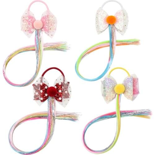 8pcs/lot, 3 inch New Elastic Hair Tie Rope With Long Wig Ponytails Handmade Fur Ball Net Yarn Glitter Hair Bows Hair Accessories