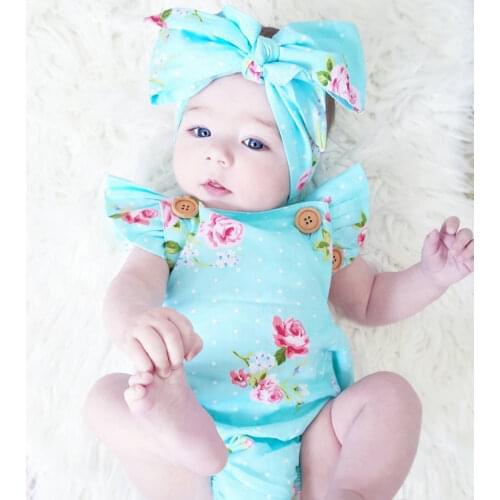Floral Newborn Baby Bodysuit Clothes Short Sleeve Infant Summer Outfit Baby Jumpsuit +Bowknot Headband 2pcs Sunsuit 0-24M
