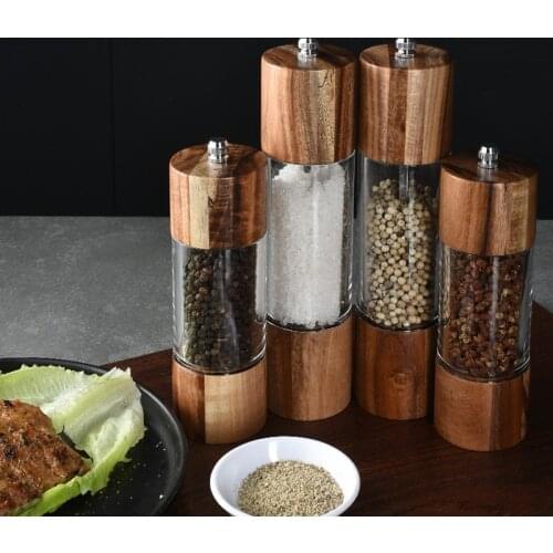 Acacia Cylindrical Pepper Grinder Stainless Steel Pepper Mill Salt Grinding Kitchen Accessories Seasoning Bottle 6inch 8inch