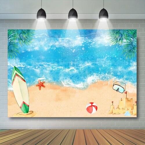 Sandy Beach Surf Photography Backdrop Summer Sea Coconut Tree Background Starfish Waves Floral Kids Child Party Photostudio