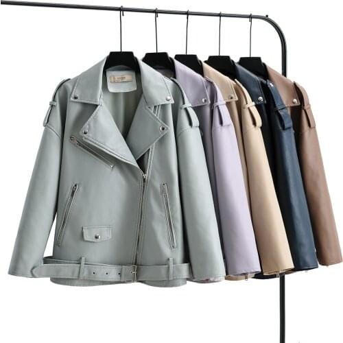 Fashion Women Loose Leather Moto Jacket Chic Streetwear Long Sleeve Coat Outerwear Korean High Street Black Leather Top Brand