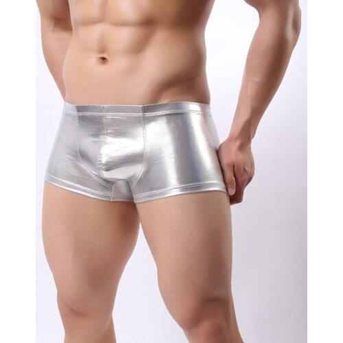 Men imitation Faux Leather gold silver Underwear Low waist Boxer Male Bulge Shorts solid Black Underpants