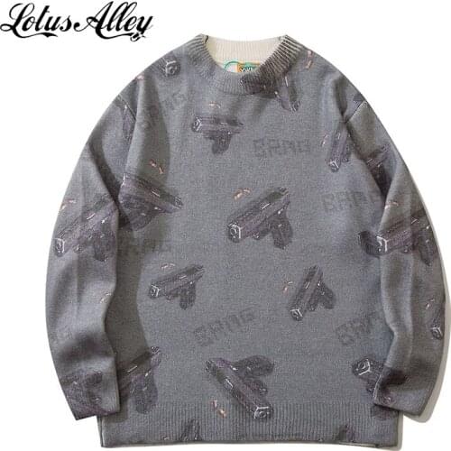 Hip Hop Mens Fashion Oversize Sweater Gun Print Loose Knit Pullovers Men Women Casual Cozy Sweater Autumn Winter Warm Knitwear