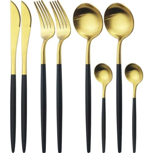 Western Black Gold Cutlery Set 8Pcs Matte Knife Fork Spoon Dinnerware Set 18/10 Stainless Steel Tableware Set Kitchen Dinner Set