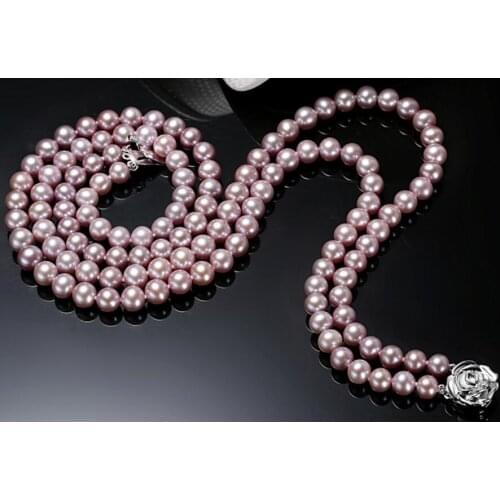 Charming 2row 9-10 mm round lavender pearl necklace 18"-19"