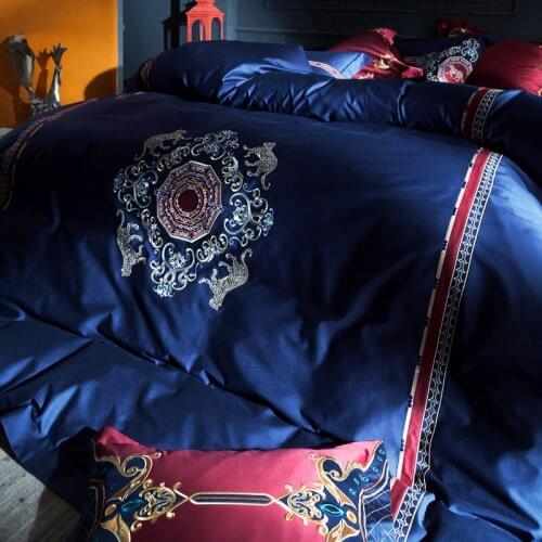 120S Egyptian Cotton Embroidery Luxury Royal Bedding Set 4pcs King Queen Wedding Bed Sheet set Duvet cover Pillowcase 6pcs blue