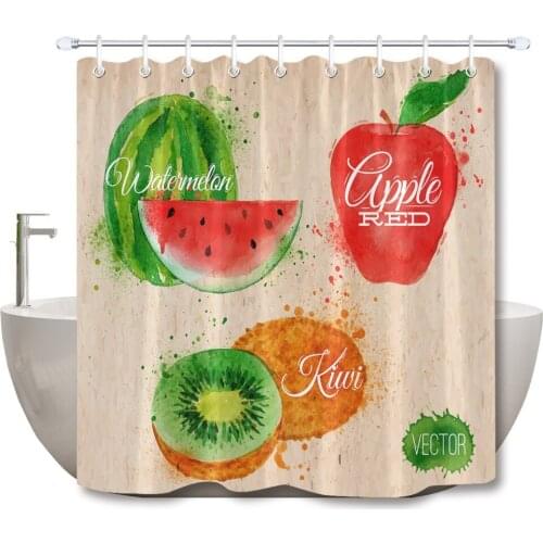 72'' Watercolor Fruit Watermelon Kiwi Red Apple Bathroom Waterproof Fabric Shower Curtain Polyester 12 Hooks Bath Accessory Sets