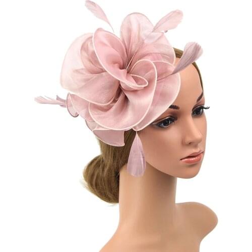 Fascinator with Headband Feather Floral Pillbox Netting Hat for Women Cocktail Pink