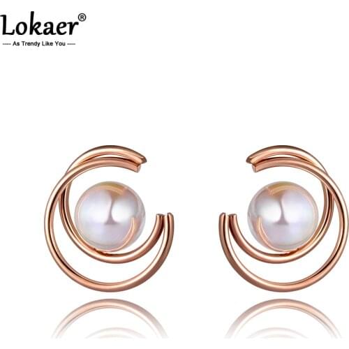 Lokaer Fashion Titanium Stainless Steel White Simulated Pearl Earrings For Women Girls Geometric CZ Crystl Party Earrings E20123