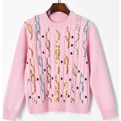 2021 Brand Runway Sweater Fashion Colors Sequined Twist Knit Sweater Women Round Neck Pink Pullovers Jumpers Sueter Mujer
