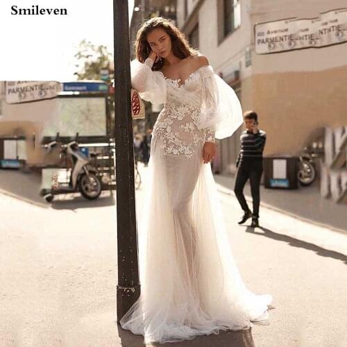 Smileve Boho Mermaid Wedding Dress Puff Sleeve Elegant Lace Bride Dresses Off The Shoulder Wedding Gowns Robe De Mariee
