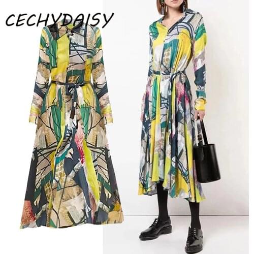 Blouse Dress Women Vintage Geometric Pattern Printing 2021 Autumn Winter Long Sleeve High Waist Casual Party Beach Midi Dresses