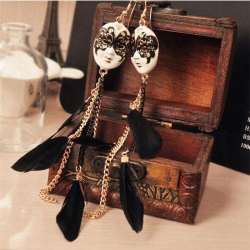 1 Pair Vintage Baroque Chain Feather Tassel Chain Mask Long Drop Earrings for Women