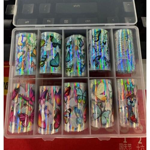 10pcs 1 Box Holo /Rainbow Butterfly Nail Foil Lace Butterfly Design Nail Foil Sticker Laser Starry Sky Transfer Paper Decals,YT