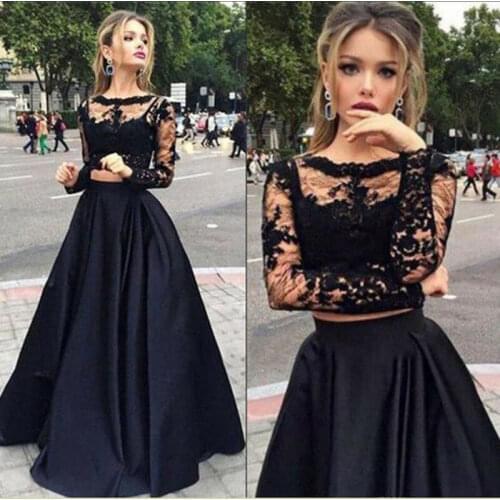 2pcs Women Wedding Dresses Ball Prom Gown Lace Long Sleeve Empire Maxi Dress Evening Party Black Sexy Formal Custom Made