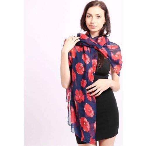 2020 New Fashionable Ladies Long Dark Blue And Red Sheer Floral Scarf