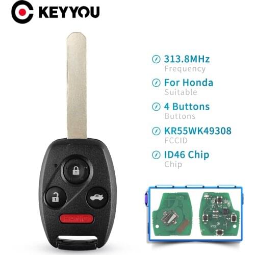 KEYYOU 313.8 Mhz KR55WK49308 Remote Key Replacement Uncut For Honda Accord 2008-2012 Uncut Keyless Entry Car Key Fob ID46 Chip