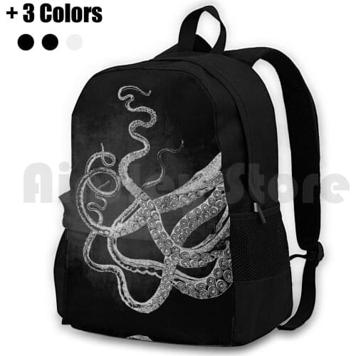 Octopus Tentacles Illustration 2-White On Black Outdoor Hiking Backpack Waterproof Camping Travel Vintage Engraving Illustraion
