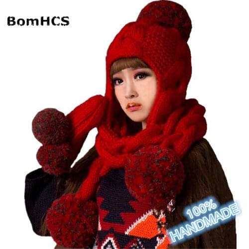 BomHCS Red Beanie with Scarf + Gloves (2PCS SUIT) Cute Women Winter Warm Handmade Knit Hat Caps