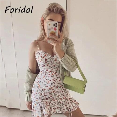 Foridol Floral Print Boho Summer Beach Dress Women Backless Strap Sundress Ruffle Short Ruched Lace Up White Mini Chiffon Dress