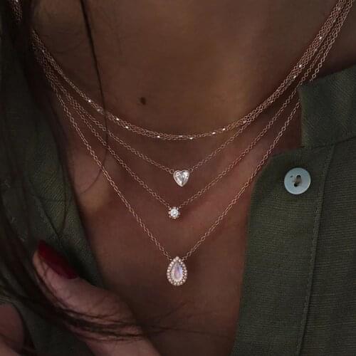 Boho Fashion Vintage Gold Necklaces For Women Crystal Heart Shaped Water Drop Flower Pendant Necklace Multilayer Female Jewelry