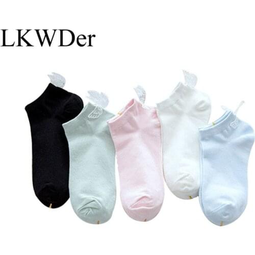 LKWDer 5 Pairs Personality Three-Dimensional Wings Socks Female Cotton Korea Cute Low Cut Boat Socks College Wind Bow Women Sock