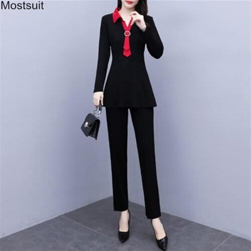 Autumn Fashion Elegant Two Piece Set For Women 5xl Plus Size Long Sleeve Turn Down Collar Tunic Top And Pant Suit Set Outfits