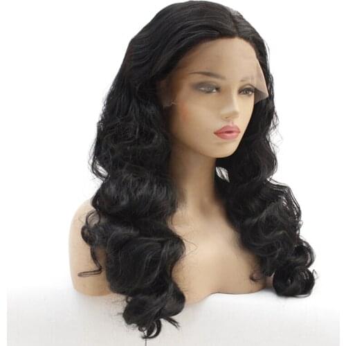Natural Black Wigs 1b#Color Long Body Wave Synthetic Lace Front Wigs 180Density Loose Wavy Heat Resistant Fiber Hair For Women