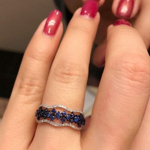 Luxury Ladys Black Gold Blue Crystal Rings for Women Bridal Flower Shape Wedding Engagement Birthstone Finger Ring Anel