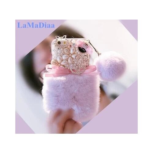 Luxury Warm Fluffy Rabbit Fur Bling Diamonds Pearl Soft Case Cover For Samsung S21 S10 S20 S9 S8 Plus S7 S6 Note20 9 8 10 Capa