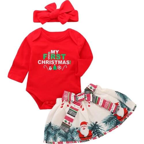 Christmas Red Bow 2Pcs Sets Age For 9 Month - 3 Years Baby Girls Bodysuit + Skirts 2021 New Summer Children Clothes Kids Outfits