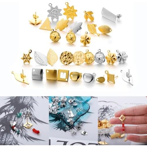 10pcs Stainless Steel Gold Earring Base Geometric Leaves Earring Stud With Plug Connector For DIY Jewelry Making Accessories