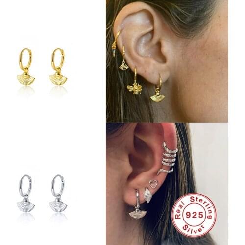 GS 100% Real 925 Sterling Silver Hoop Earrings With Fan Shaped Pendant For Women Earrings Hoops Korean Fine Jewelry Pendientes