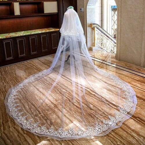 2 Tier White Ivory Wedding Veil Cathedral Length Lace Bridal+Comb Hair Accessory