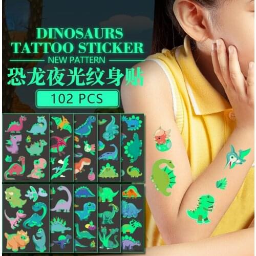 Luminous Dinosaur Kids Tattoo Stickers Cartoon Fun Glowing Stickers Temporary on Face Arm Leg for Child Body Art Decoration