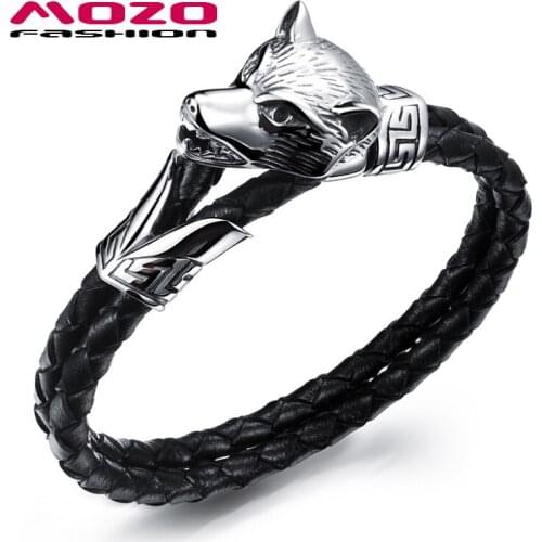 Vintage Male Bracelets Black Leather Rope Chain Stainless Steel Wolf Head Design Man Charm Bangle PS1045