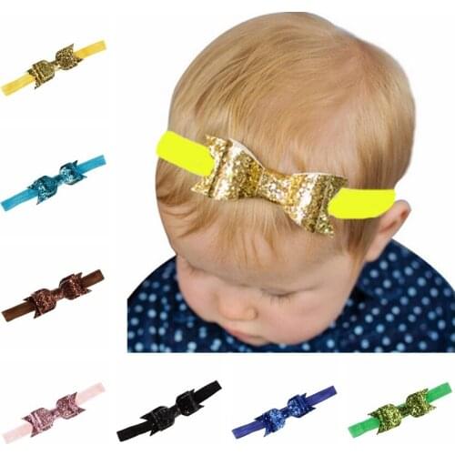 Yundfly 16 Colors Glitter Leather Hair Bow Headband Sequin Bowknot Elastic Hairbands Baby Girls Hair Accessory