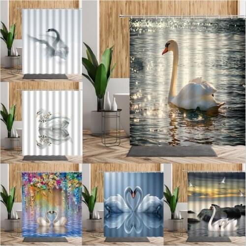Birds Scenery Shower Curtains Swan In The Lake Bathroom Decor Printed Fabric Bath Screen With Hook Hanging Curtain Home Decorate