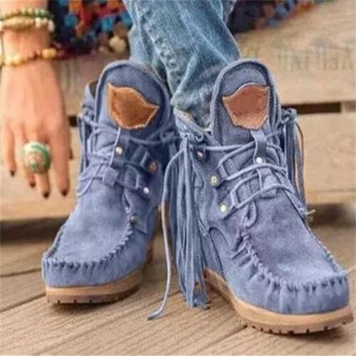 2020 Hot Women Ankle Boots Big Size Flats Shoes Booties Gladiator Vintage Faux Suede Round Toe Lace Up Shoe Tassels Botas Mujer