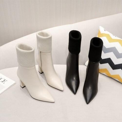 Shoes Women Genuine Leather Knitting Ankle Boots Pointed Toe Slip-On Turned-over Edge Designer Shoes High Heels Botas Femininas