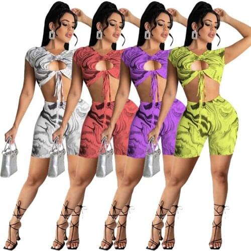 S-2XL Summer Women 2021 Sexy Shorts Two Piece Set Fashion Club Printing Hollow Top And Shorts Suit Wholesale Dropshipping