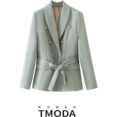 TMODA1434 2021 Za Women Fashion Double Breasted Green Blazer With Belt Coat Vintage Long Sleeve Pocket Female Chic Outerwear Top