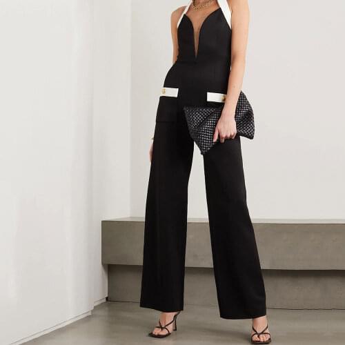 New Women Sleeveless Backless Black Bandage Jumpsuit Sexy Deep V-Neck Button Decoration 2021 Elegant Temperament Party Jumpsuit