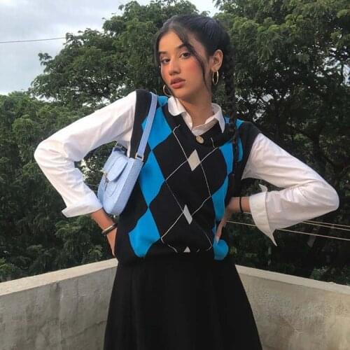 Women Sweater Vest 2021 Summer Autumn Winter Diamond Check Knitted Pullover Vest Tops Casual Sleeveless V Neck Knitwear Female